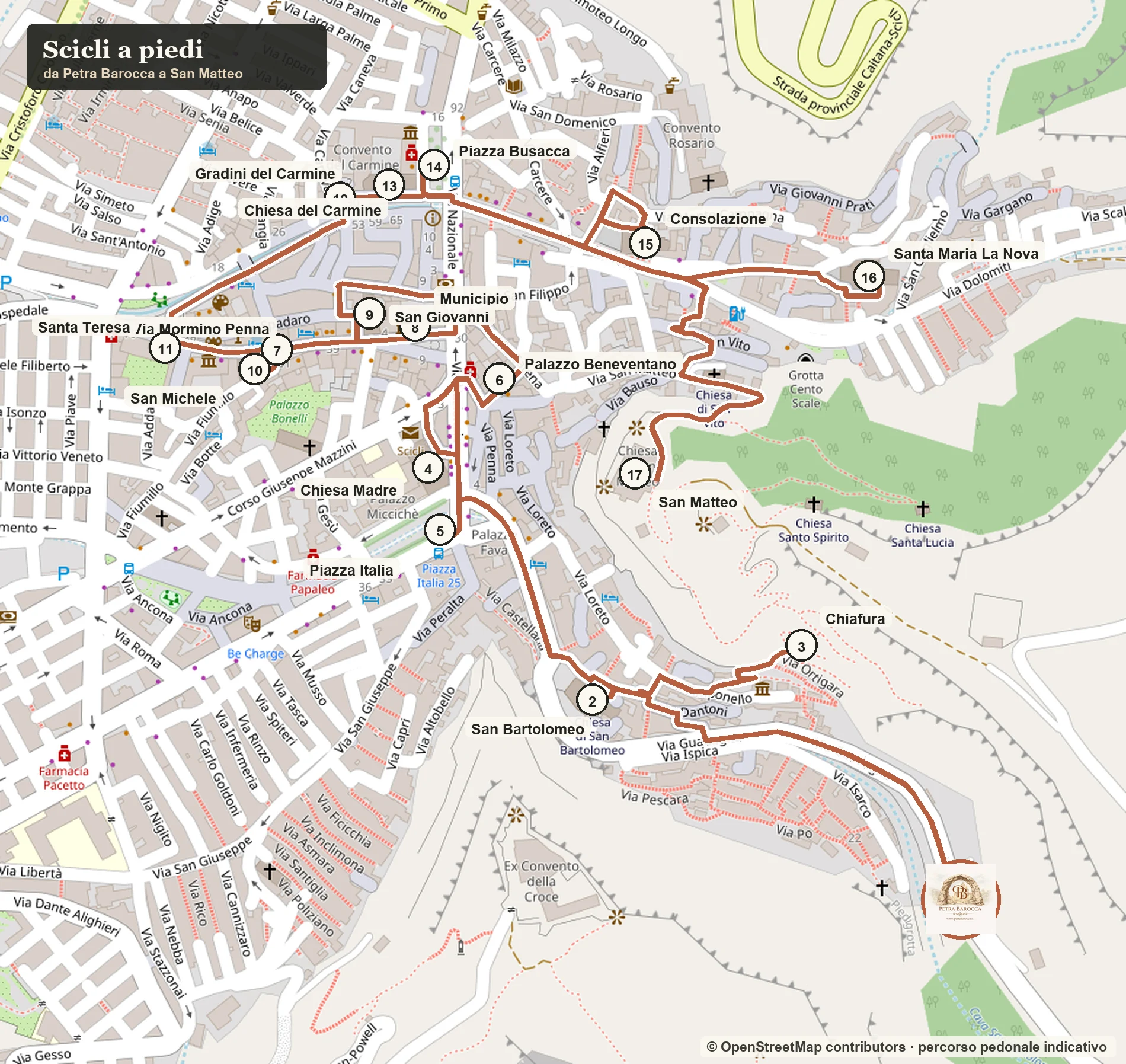 Mappa del percorso a piedi da Petra Barocca attraverso i monumenti di Scicli fino alla Chiesa di San Matteo